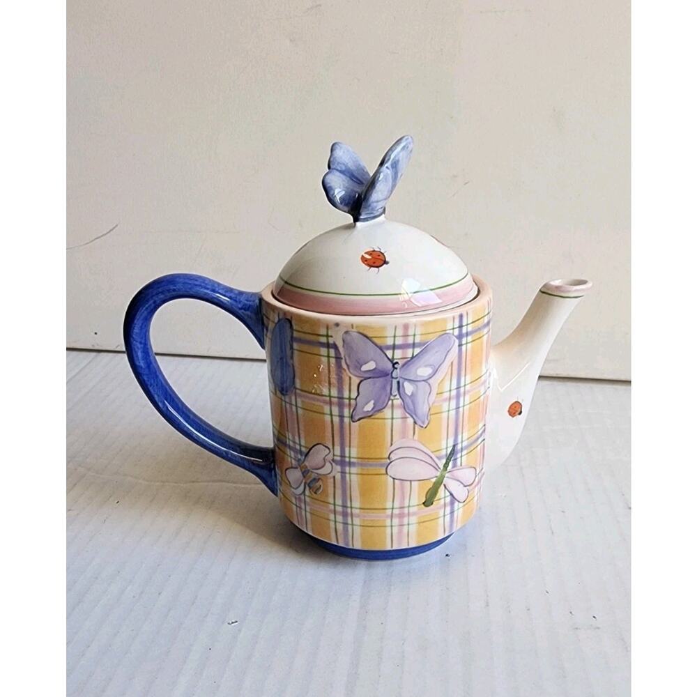 Michael Sparks Tea for One teapot Butterfly Lady Bug Dragonfly Hand Paind Plaid